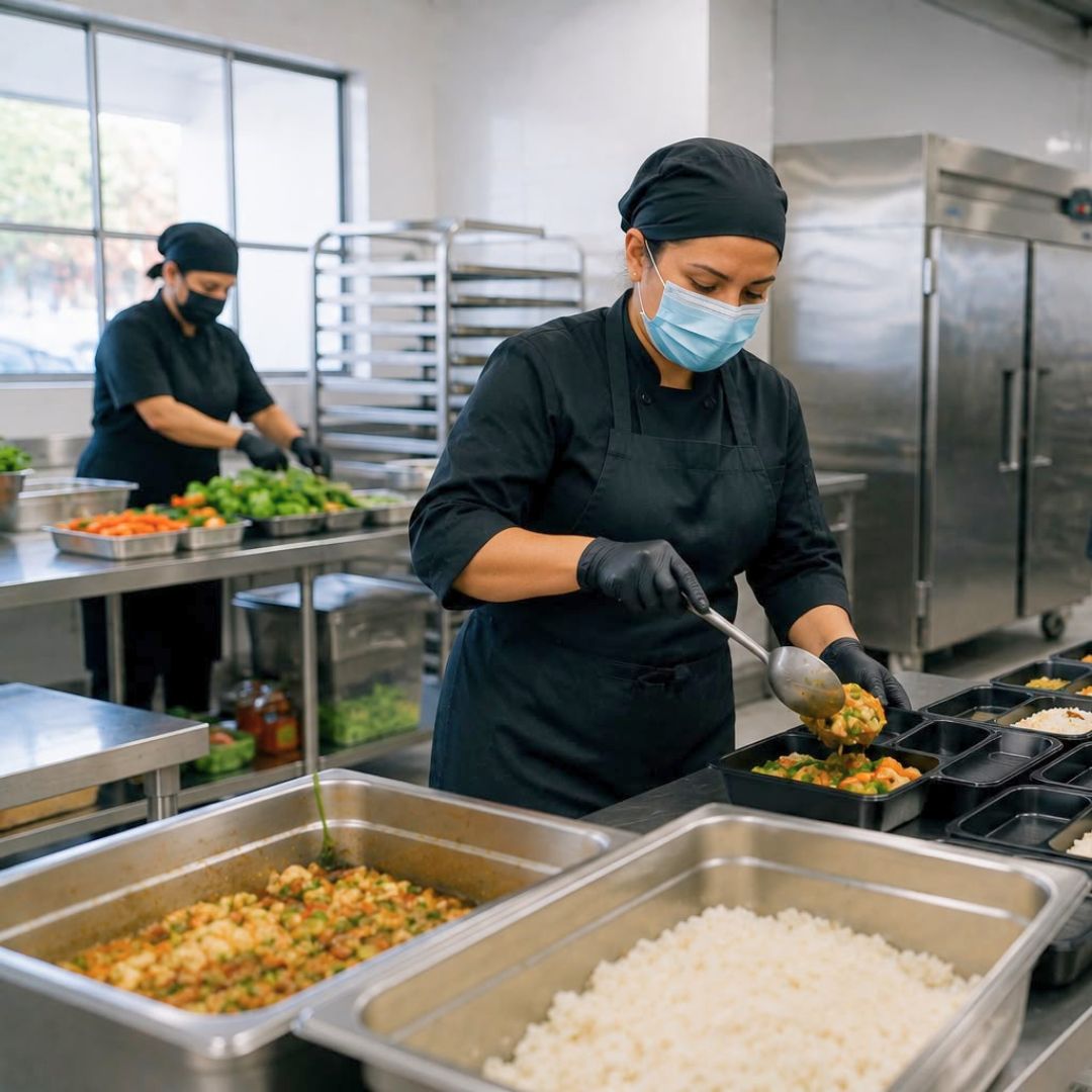 Personal preparando alimentos para un comedor industrial